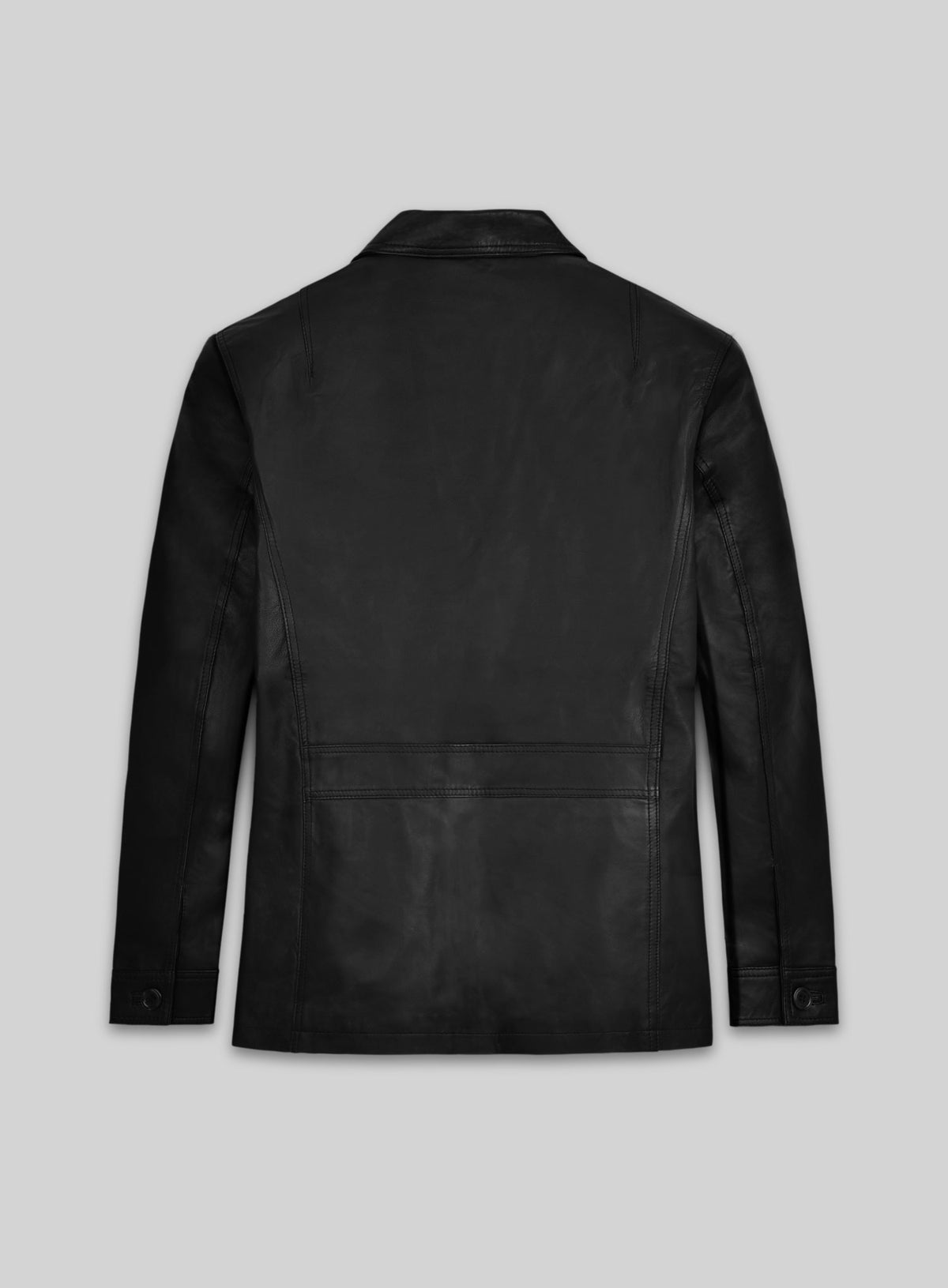 Back view of a black leather blazer with seamed back panels