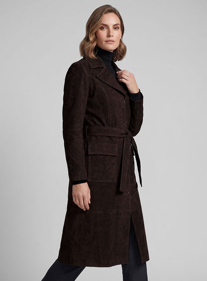 Dark Brown Suede Alpine Leather Long Coat