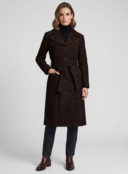 Dark Brown Suede Alpine Leather Long Coat