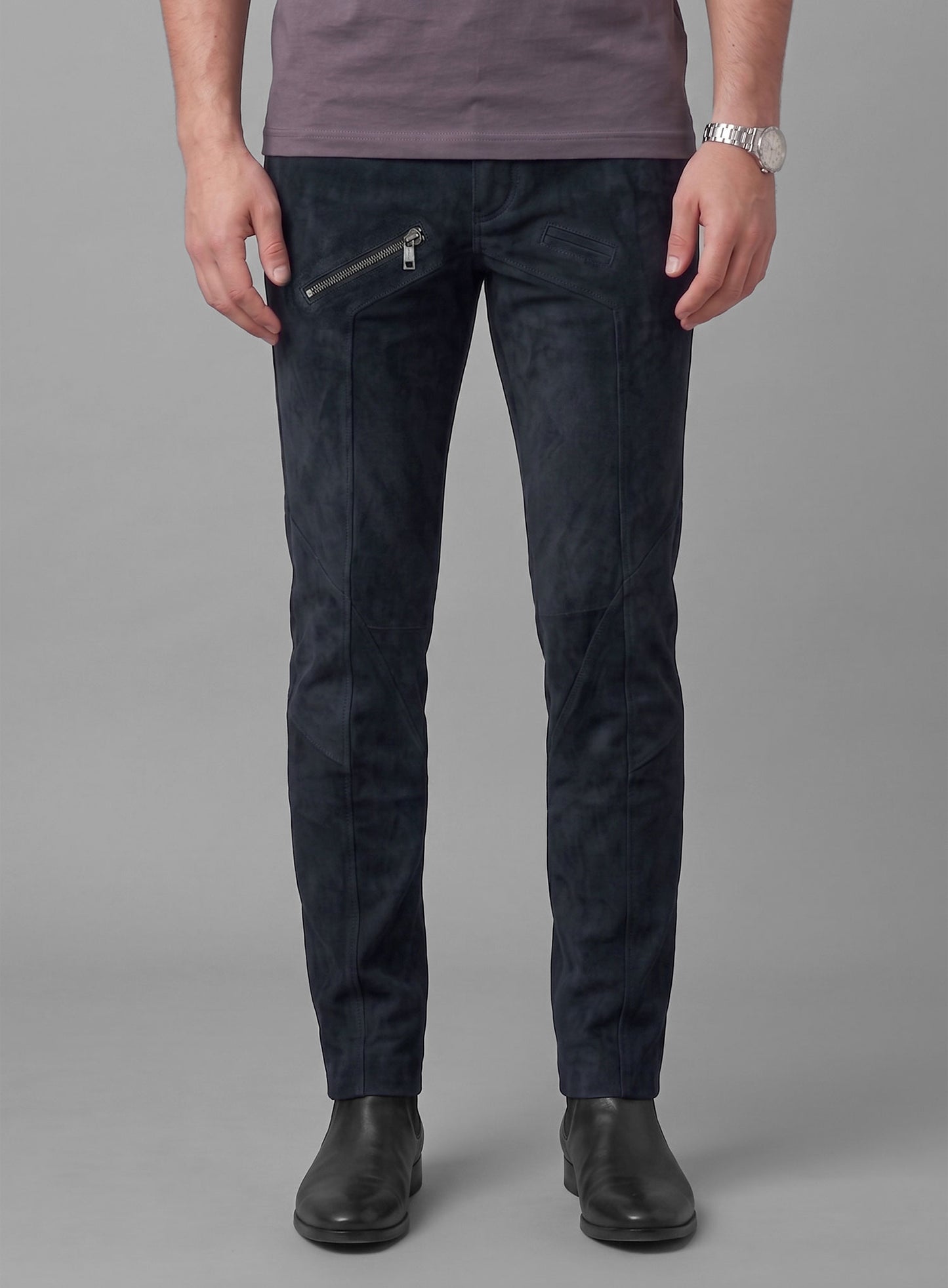 Dark Blue Suede Leather Cargo Jeans - Style 01-2