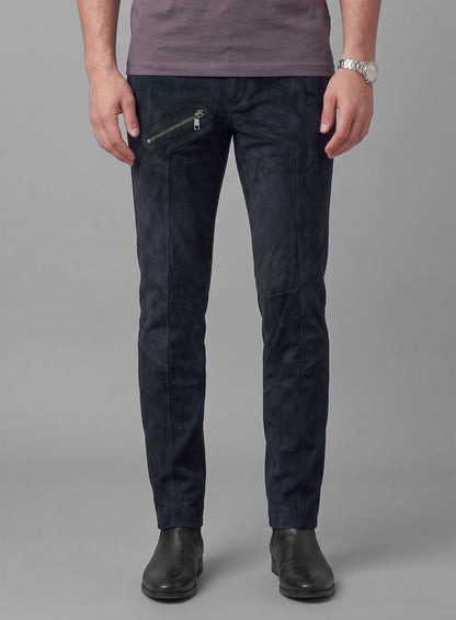 Dark Blue Suede Leather Cargo Jeans - Style 01-2