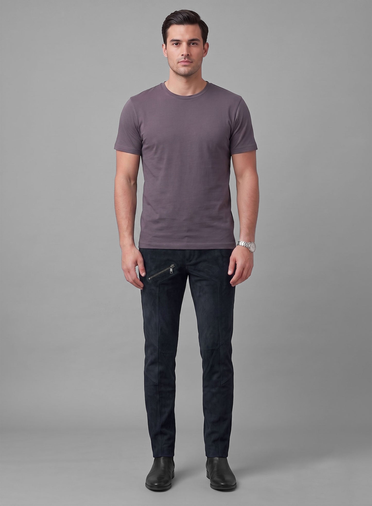Dark Blue Suede Leather Cargo Jeans - Style 01-2