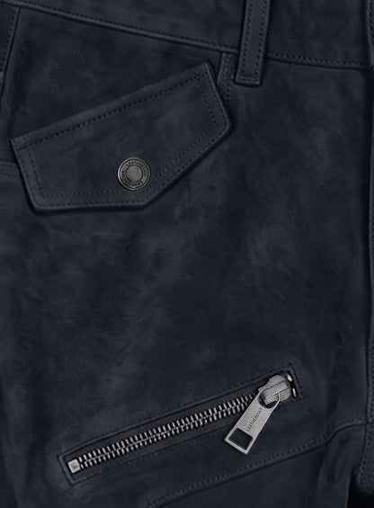 Dark Blue Suede Leather Cargo Jeans - Style 01-2