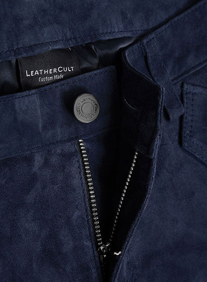 Dark Blue Suede Leather Cargo Jeans - Style 01-2