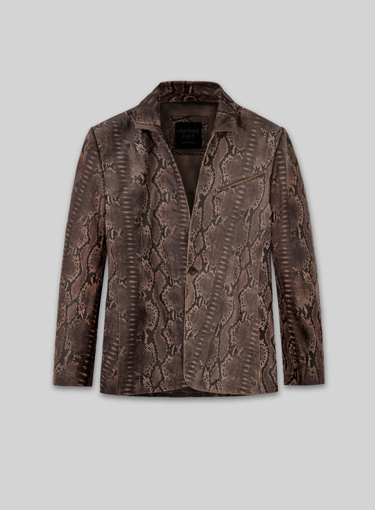 Dark Brown Python Zipper Leather Blazer #3