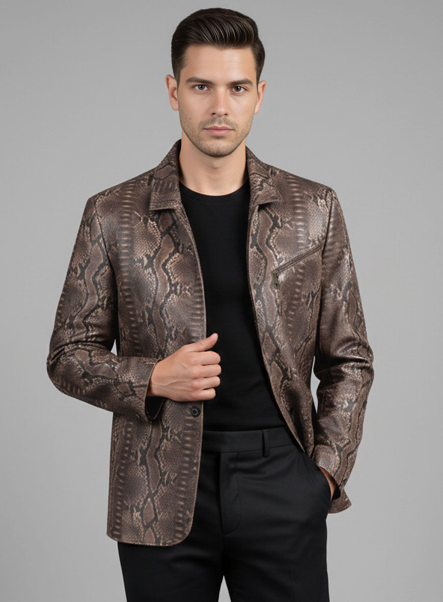 Dark Brown Python Zipper Leather Blazer #3