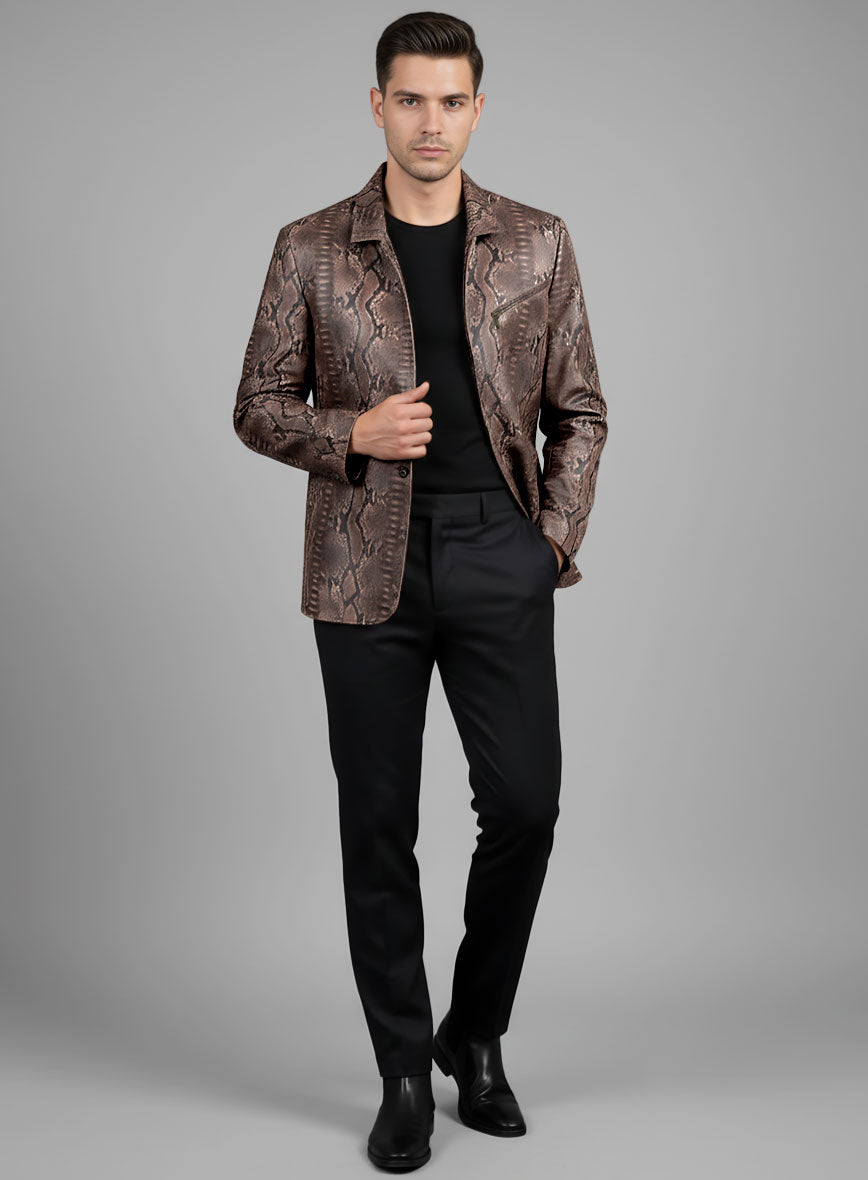 Dark Brown Python Zipper Leather Blazer #3