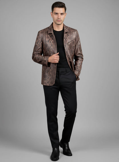 Dark Brown Python Zipper Leather Blazer #3