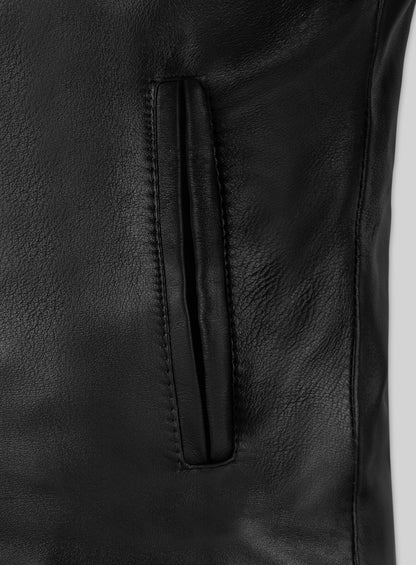 Close-up of welt pocket on a black leather bomber jacket