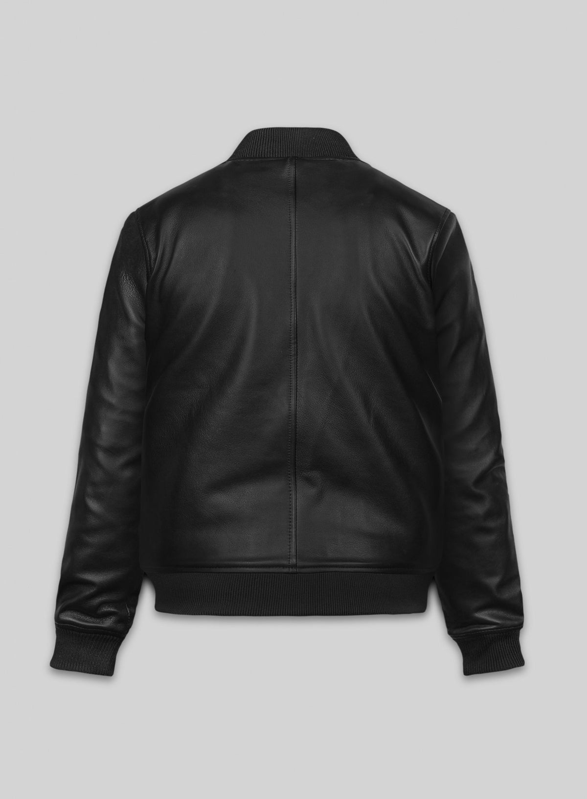 Back view of a black leather bomber jacket with ribbed collar, hem and cuffs