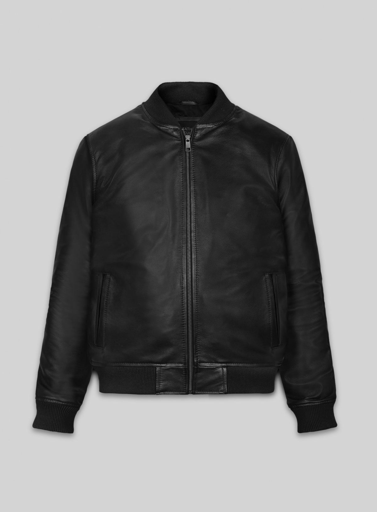 Front view of a black leather bomber jacket with zip front and ribbed trim