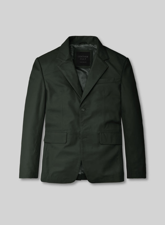 Deep olive lambskin leather two-button blazer with flap pockets, front view
