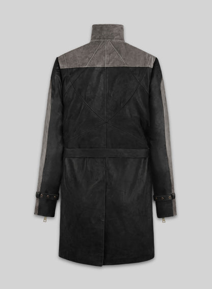 Distressed Black Aiden Pearce Watch Dog Leather Trench Coat