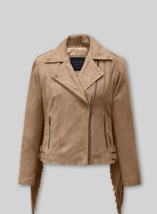 Dusty Beige Suede Leather Fringes Jacket #1008