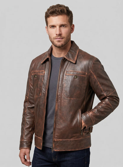 Espresso Rubbed Tan Leather Jacket