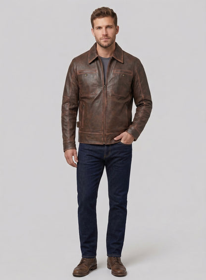 Espresso Rubbed Tan Leather Jacket