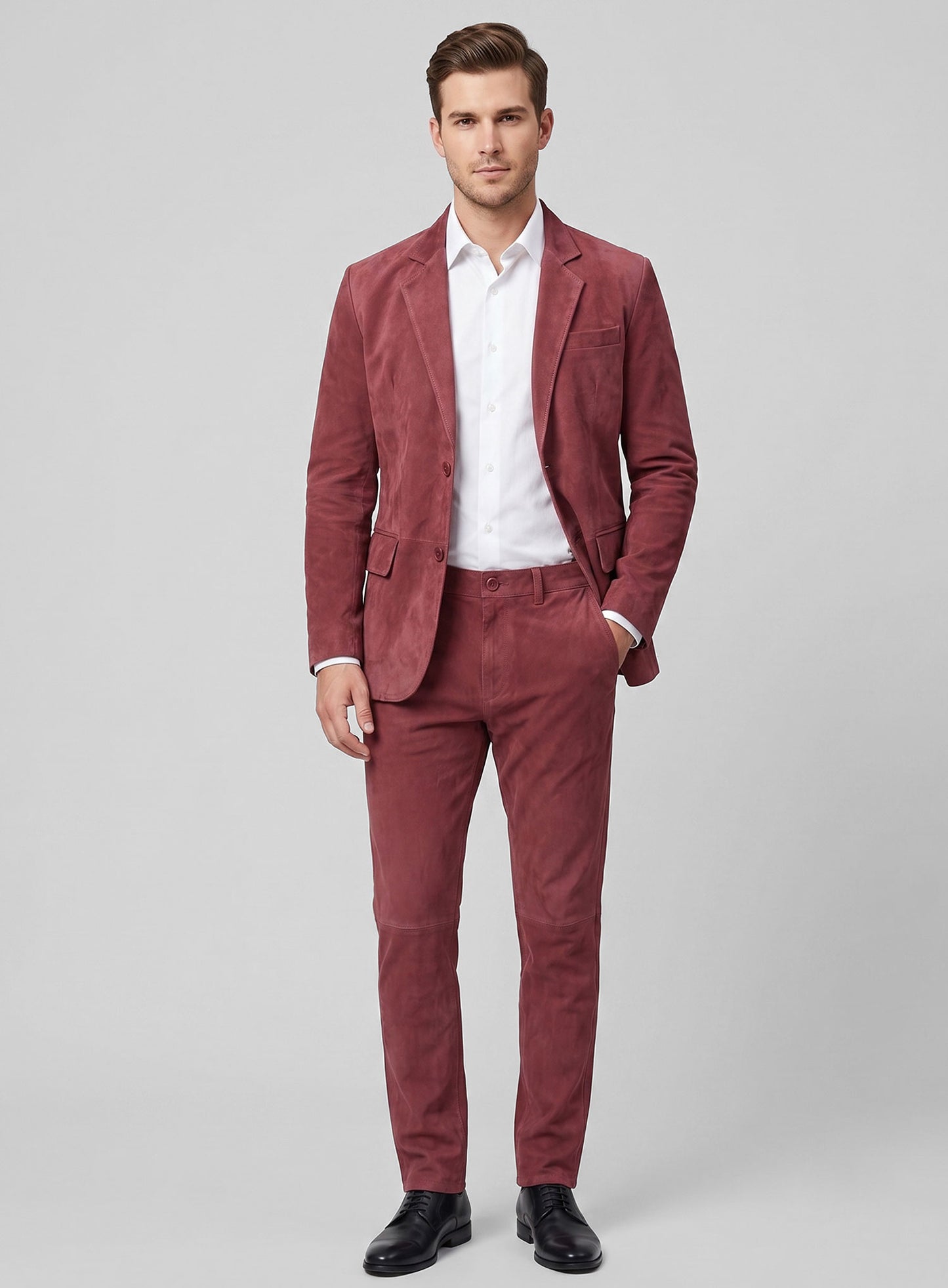 French Red Suede Leather Suit