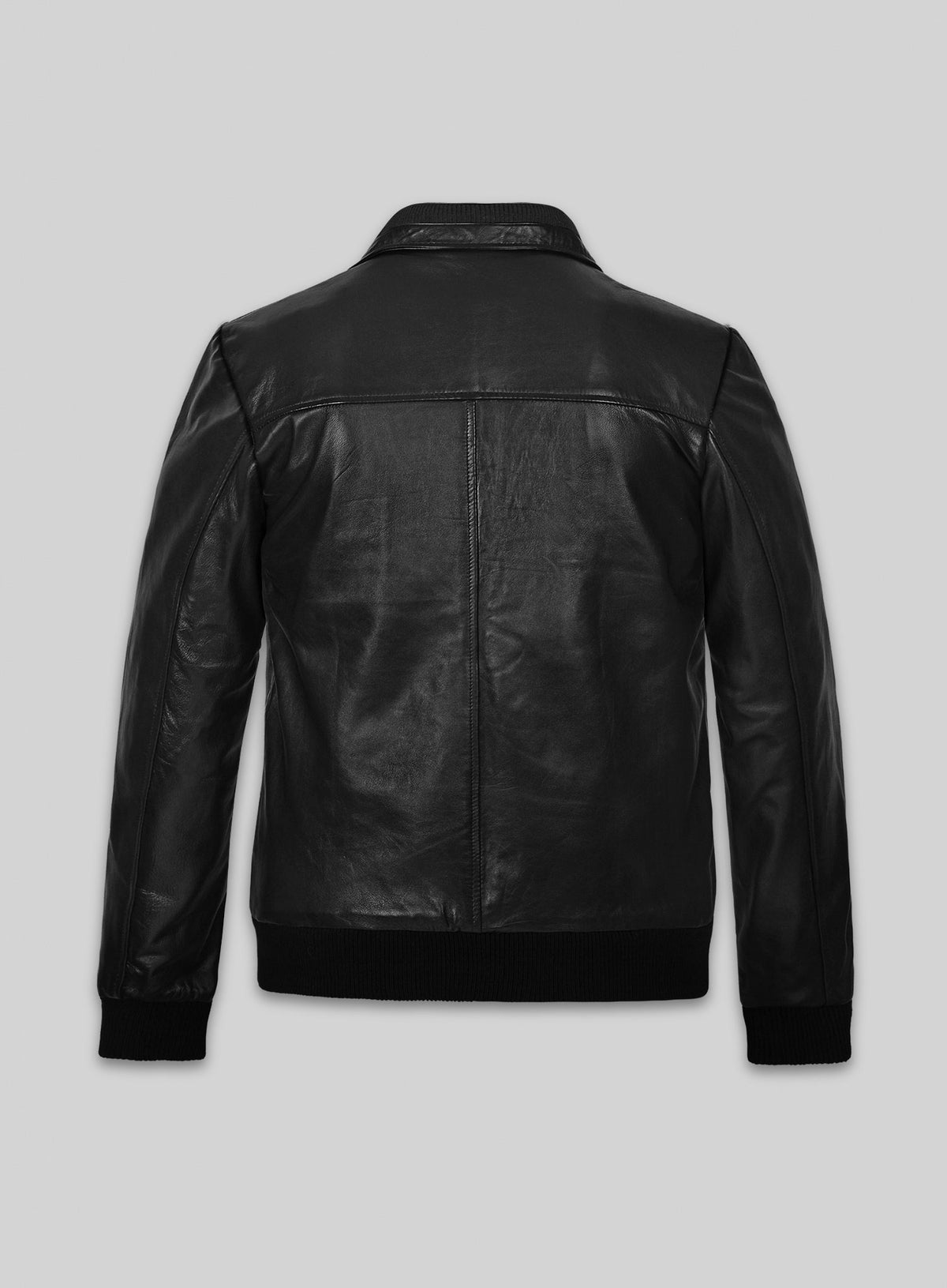 Back view of a black leather bomber jacket with ribbed hem and collar, George Harrison inspired
