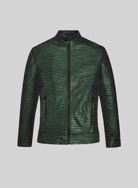 Gleaming Croc Metallic Green Leather Jacket