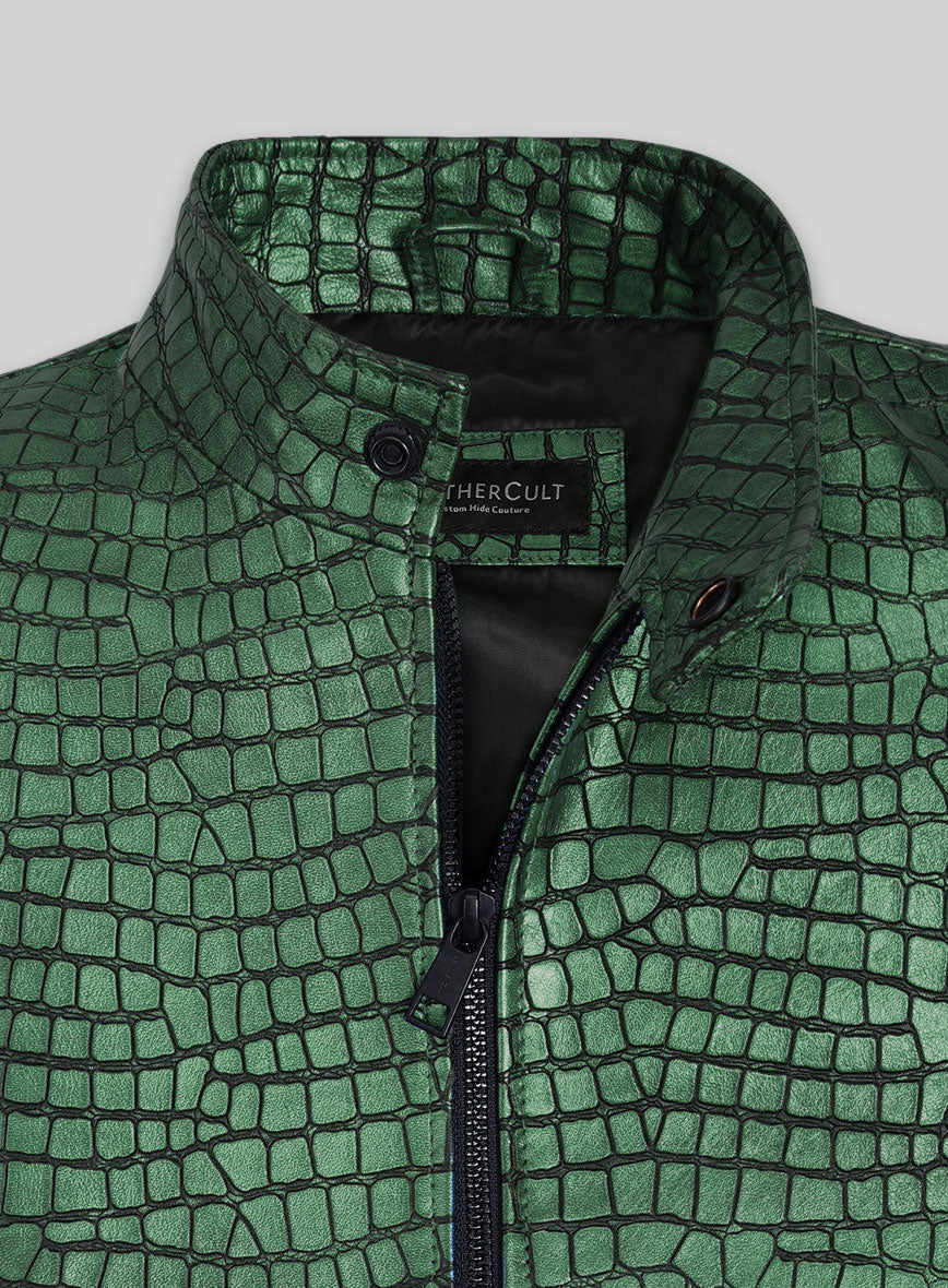 Gleaming Croc Metallic Green Leather Jacket