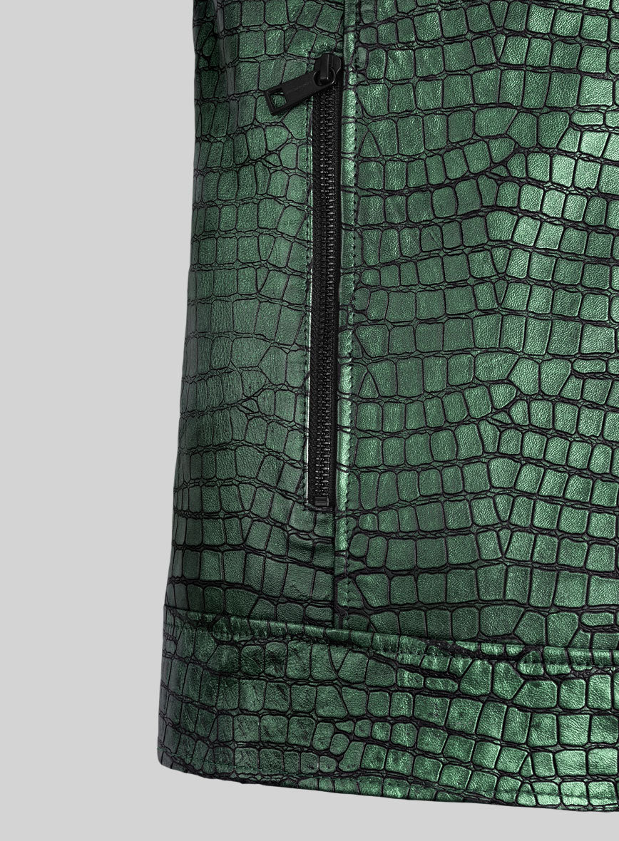 Gleaming Croc Metallic Green Leather Jacket