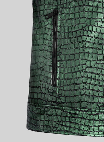 Gleaming Croc Metallic Green Leather Jacket