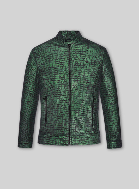 Gleaming Croc Metallic Green Leather Jacket