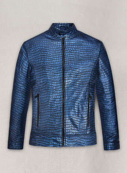 Gleaming Croc Metallic Blue Leather Jacket - LeatherCult