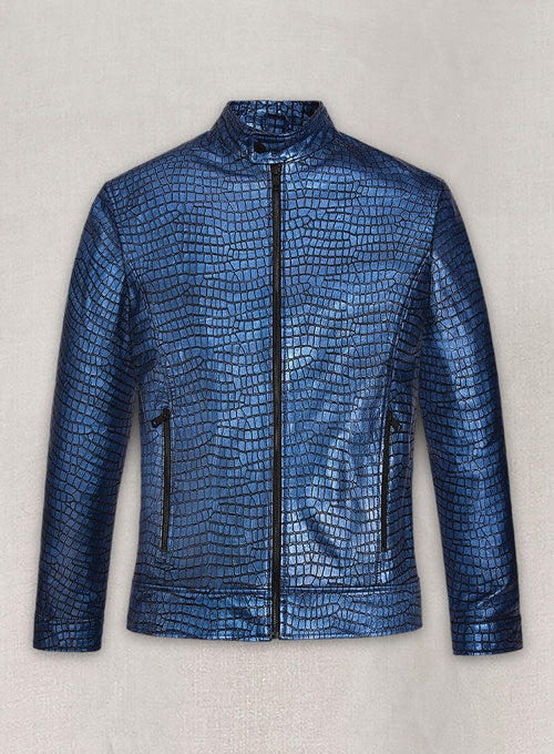 Gleaming Croc Metallic Blue Leather Jacket - LeatherCult