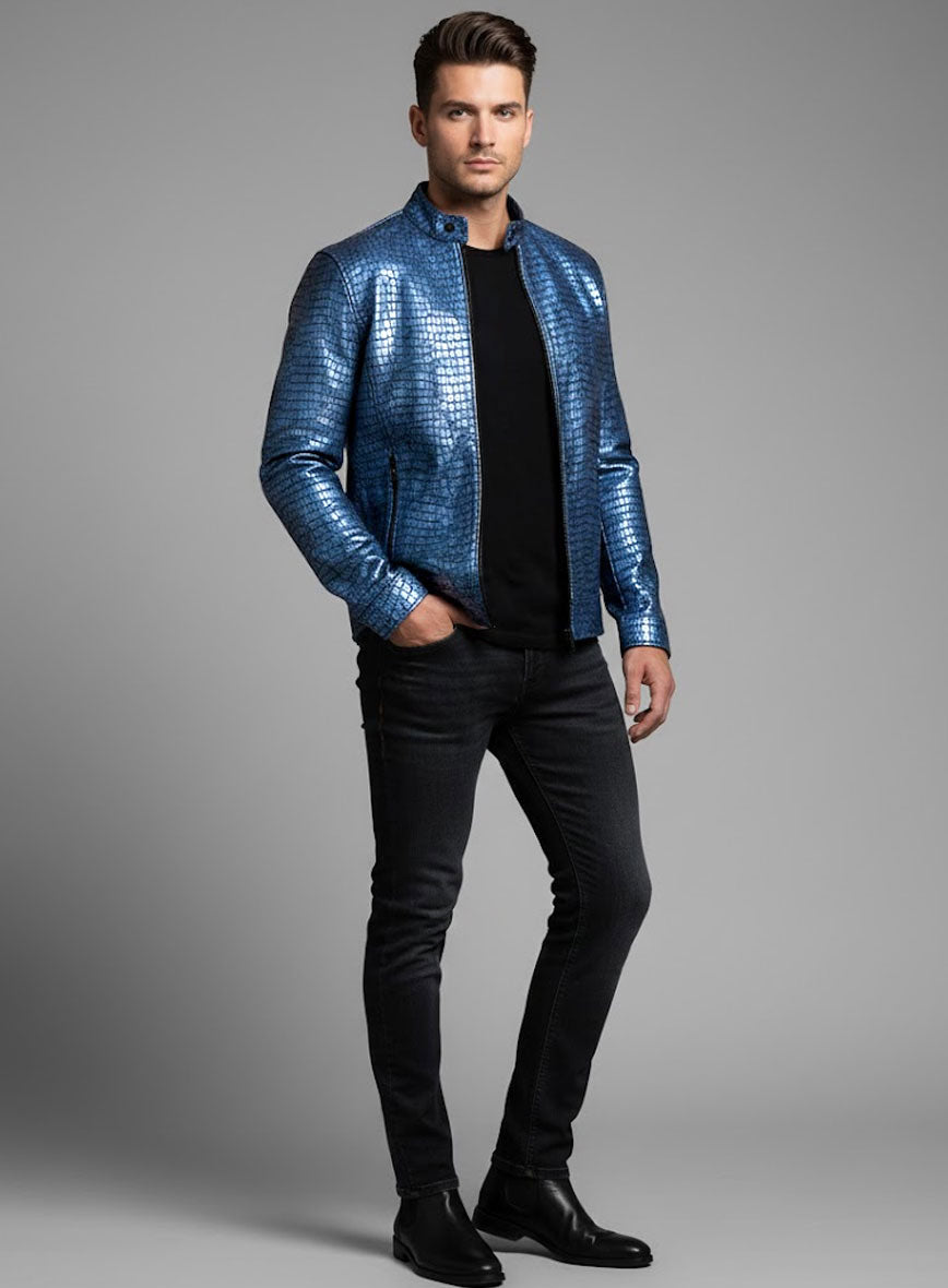 Gleaming Croc Metallic Blue Leather Jacket