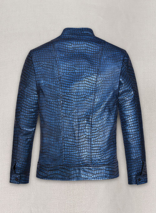 Gleaming Croc Metallic Blue Leather Jacket - LeatherCult