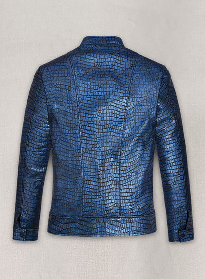 Gleaming Croc Metallic Blue Leather Jacket - LeatherCult