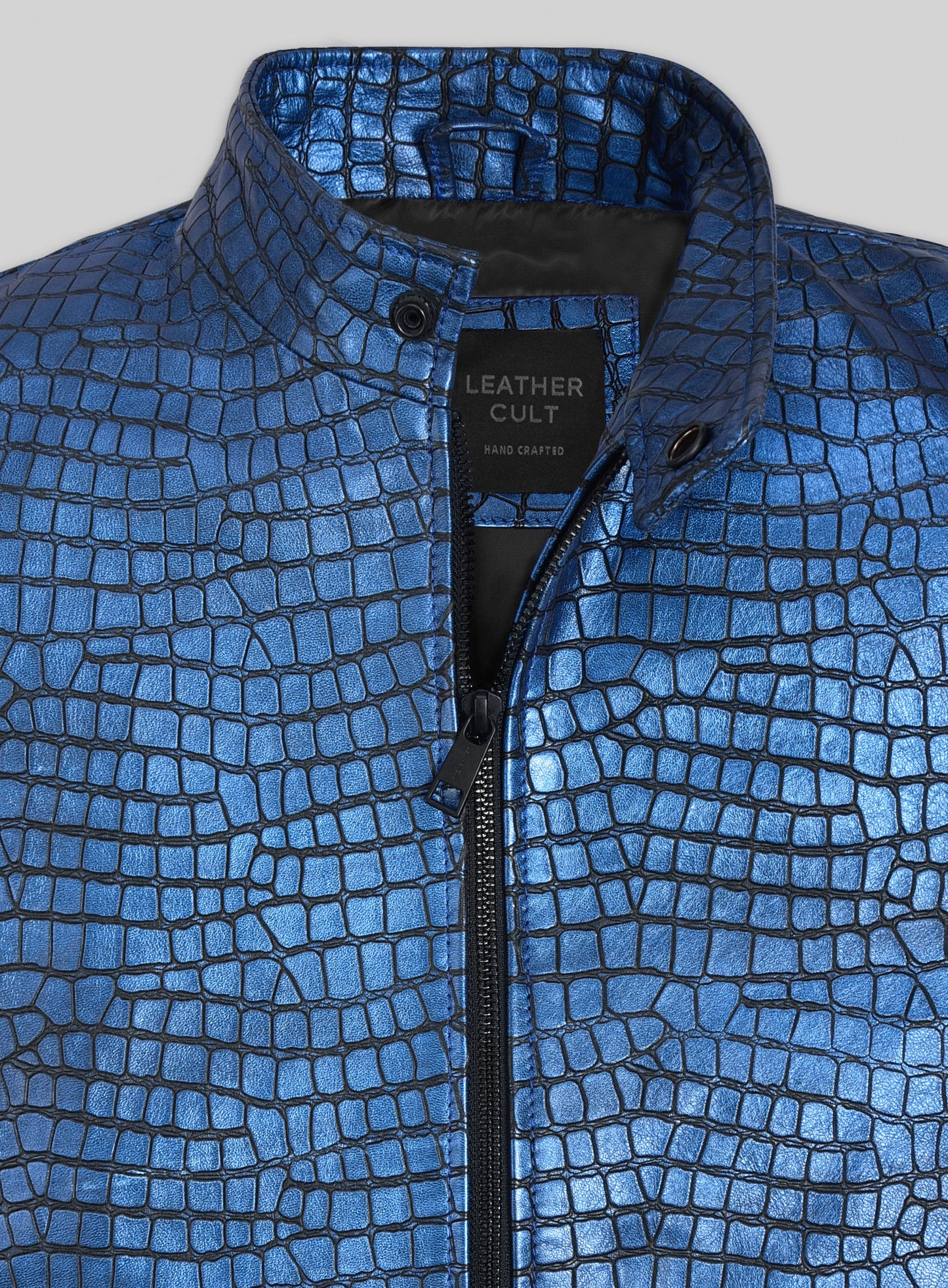 Gleaming Croc Metallic Blue Leather Jacket