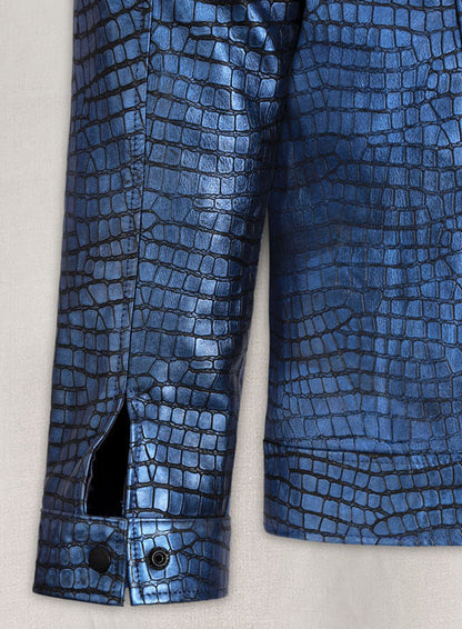 Gleaming Croc Metallic Blue Leather Jacket - LeatherCult