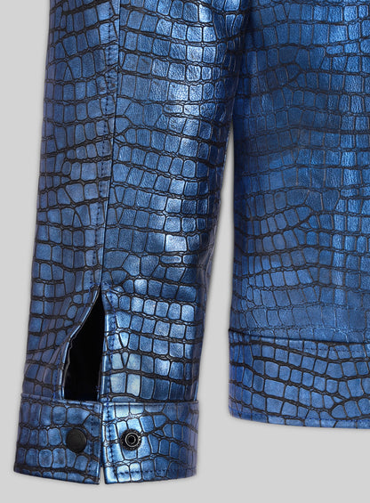 Gleaming Croc Metallic Blue Leather Jacket