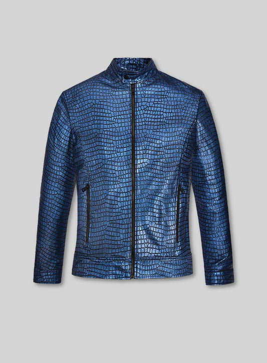 Gleaming Croc Metallic Blue Leather Jacket