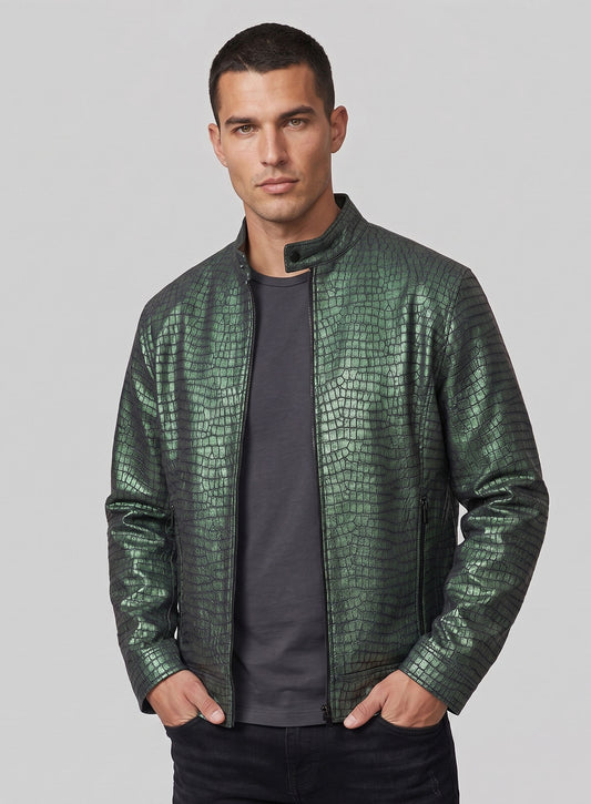 Gleaming Croc Metallic Green Leather Jacket