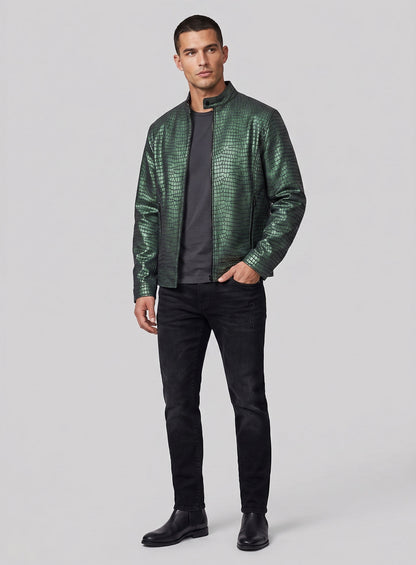 Gleaming Croc Metallic Green Leather Jacket