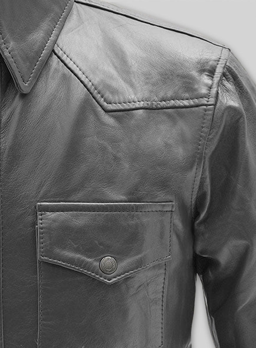 Gray Leather Shirt Jacket - #1S