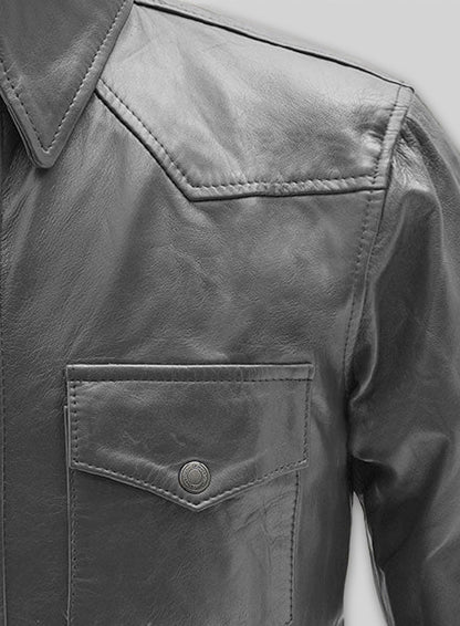 Gray Leather Shirt Jacket - #1S