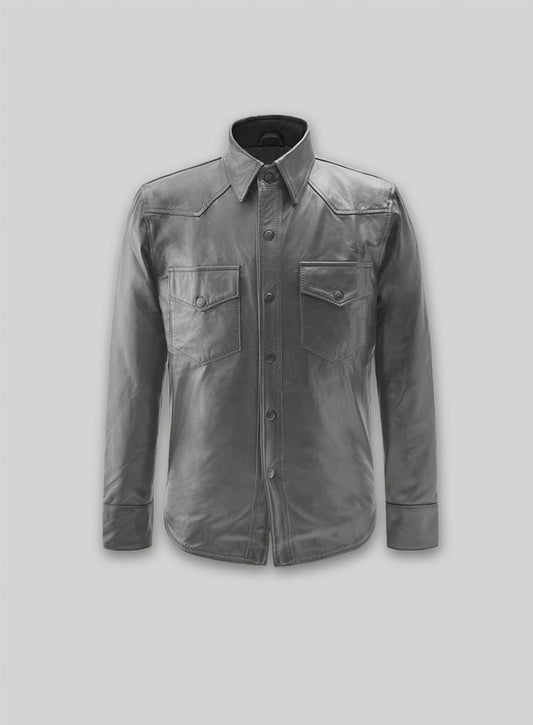 Gray Leather Shirt Jacket - #1S