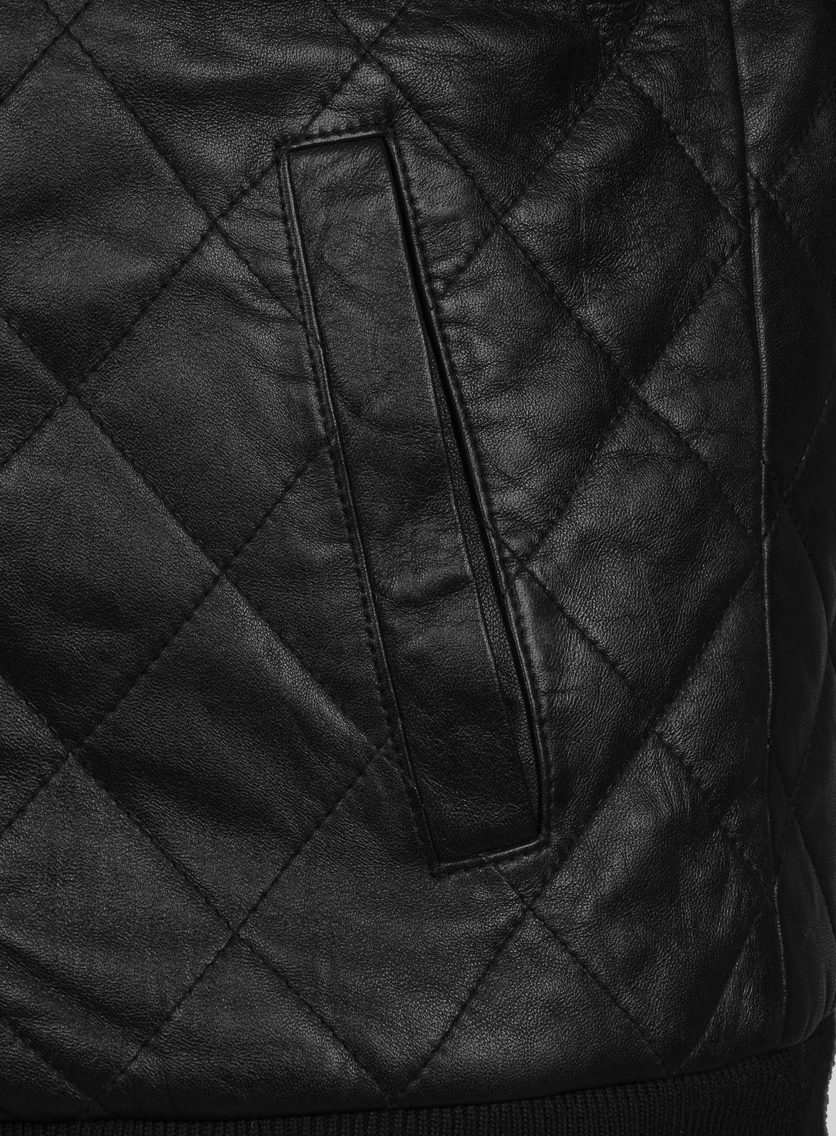 Close-up of welt pocket on black diamond-quilted leather jacket