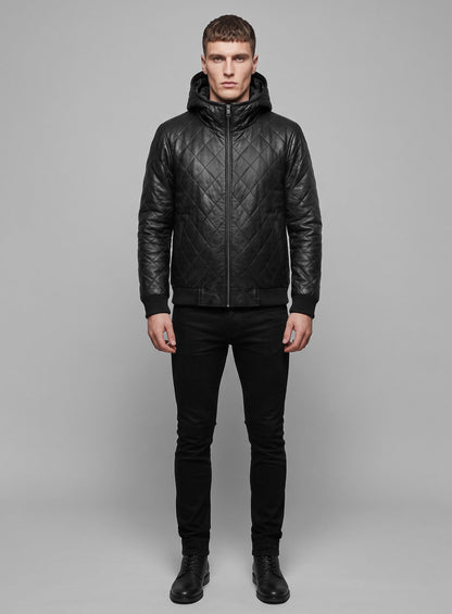Full-length view of man in black quilted hooded leather jacket