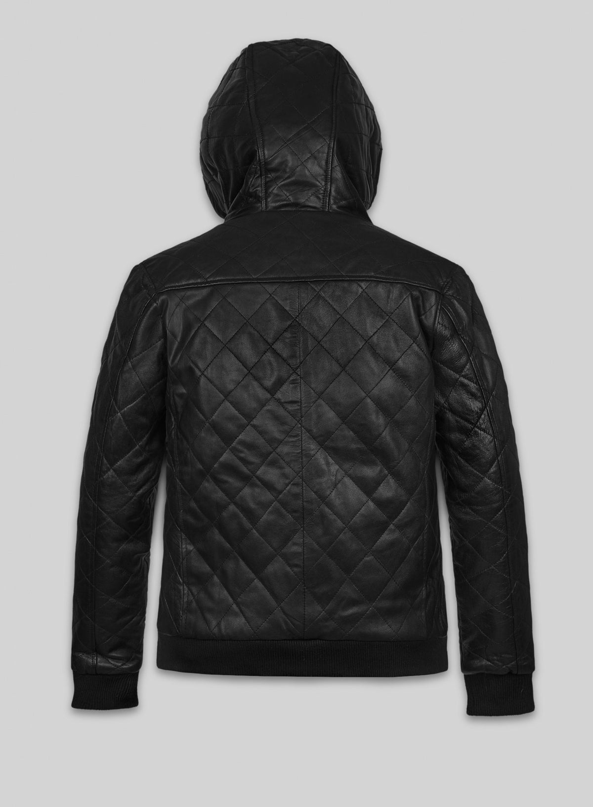 Back view of a black diamond-quilted hooded leather jacket