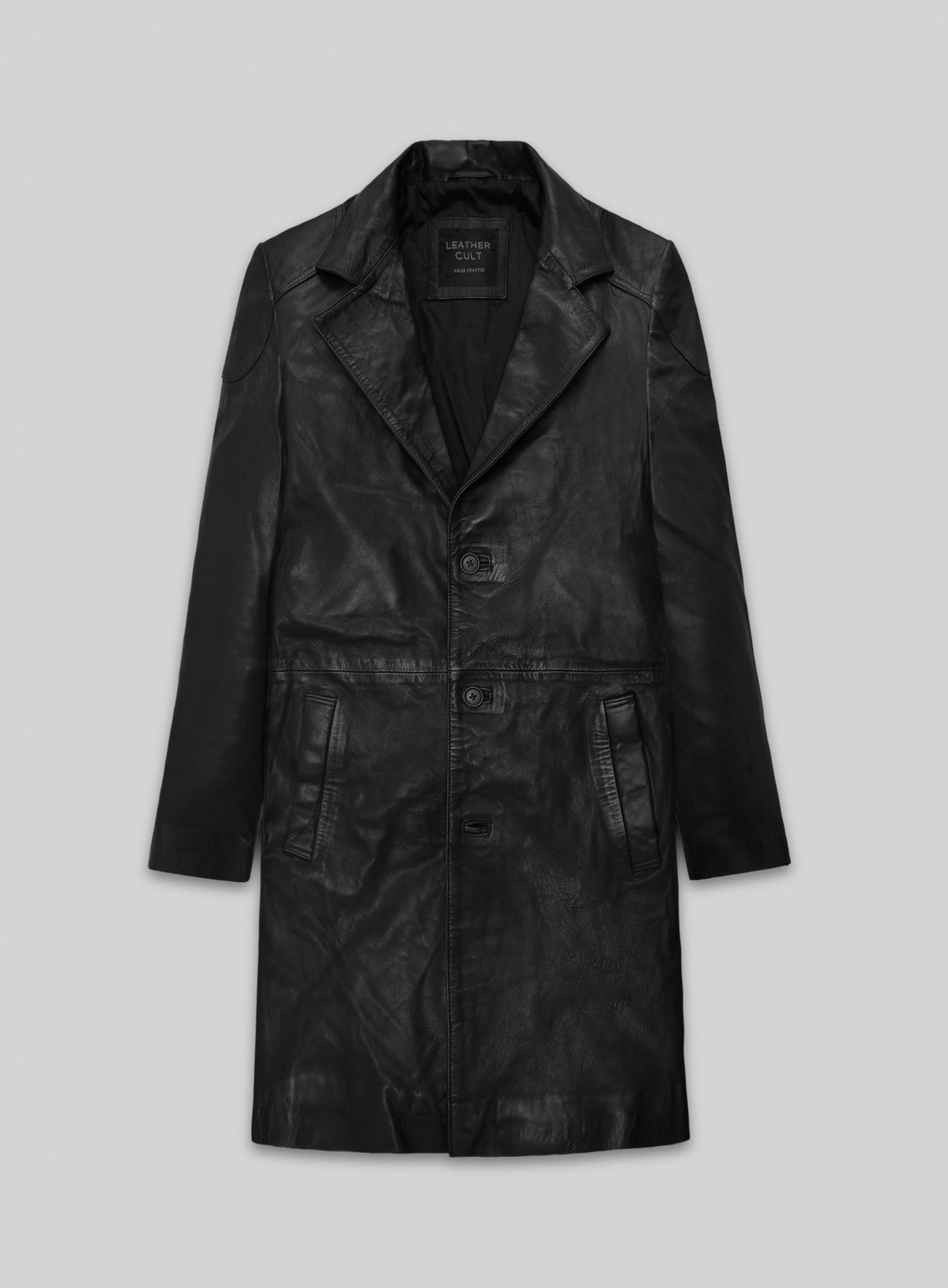 Front view of a black leather long coat with notch lapel and three buttons, Karl Urban The Boys inspired