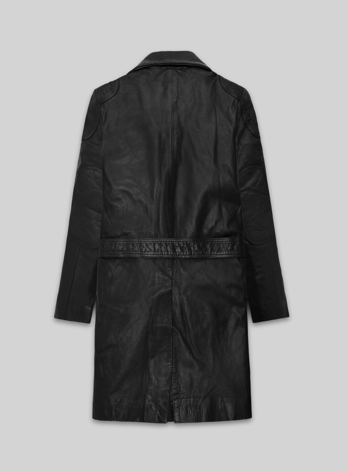 Back view of a black leather long coat with belted waist and shoulder patches