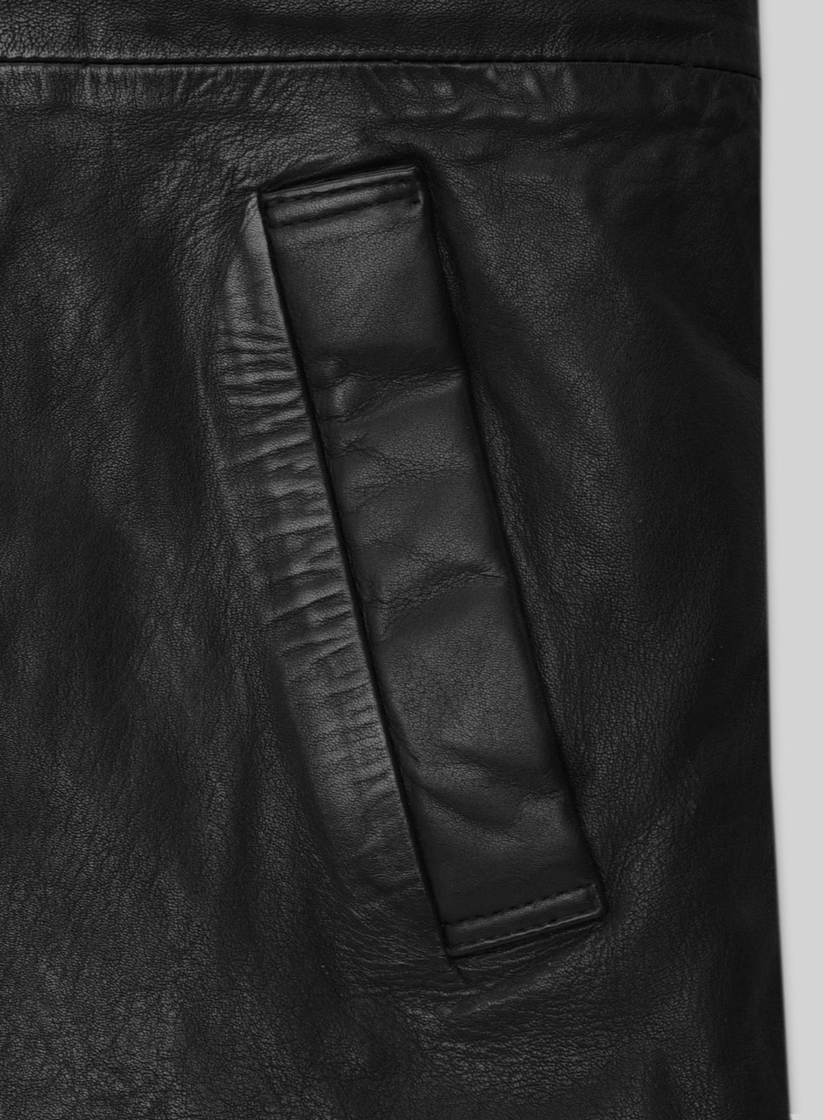 Close-up of black leather long coat flap pocket