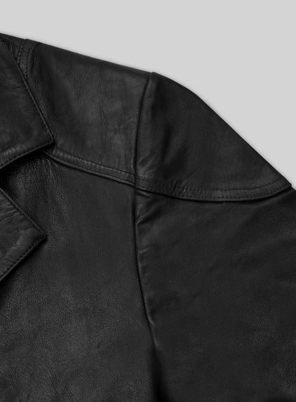 Detail of black leather long coat collar and shoulder stitching