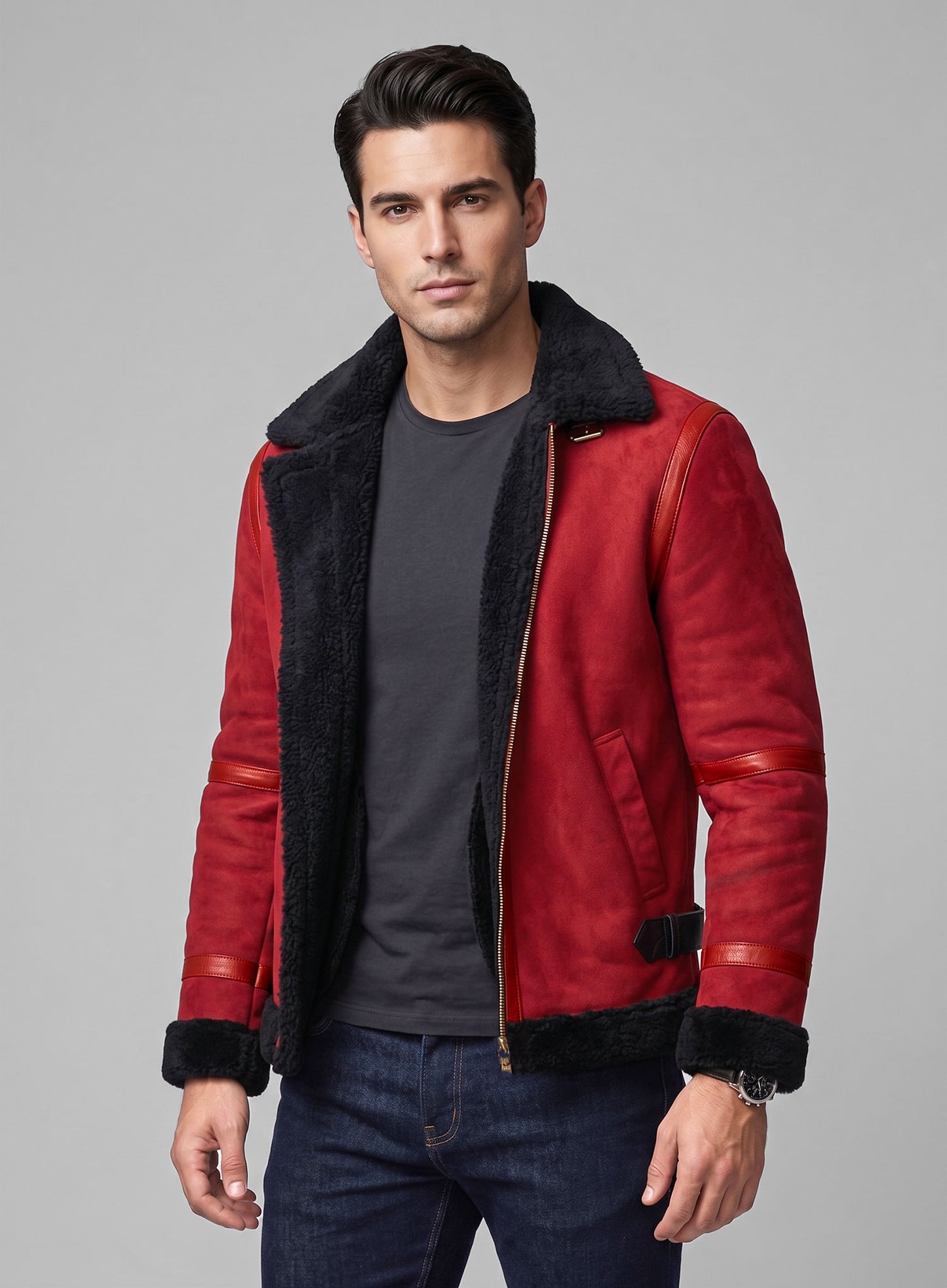 Lava Red Suede Ryan Reynolds Black Sherpa Leather Jacket