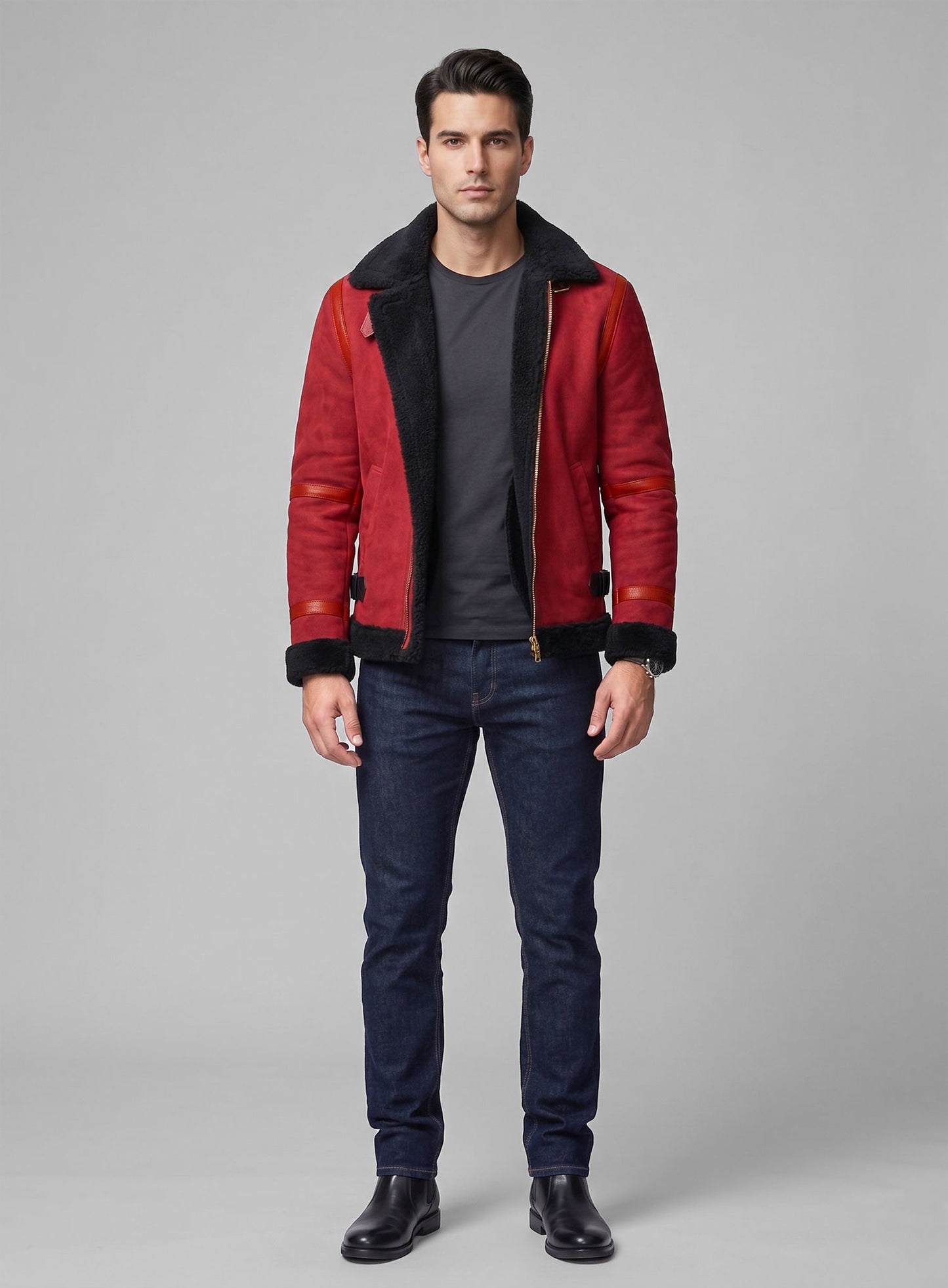 Lava Red Suede Ryan Reynolds Black Sherpa Leather Jacket